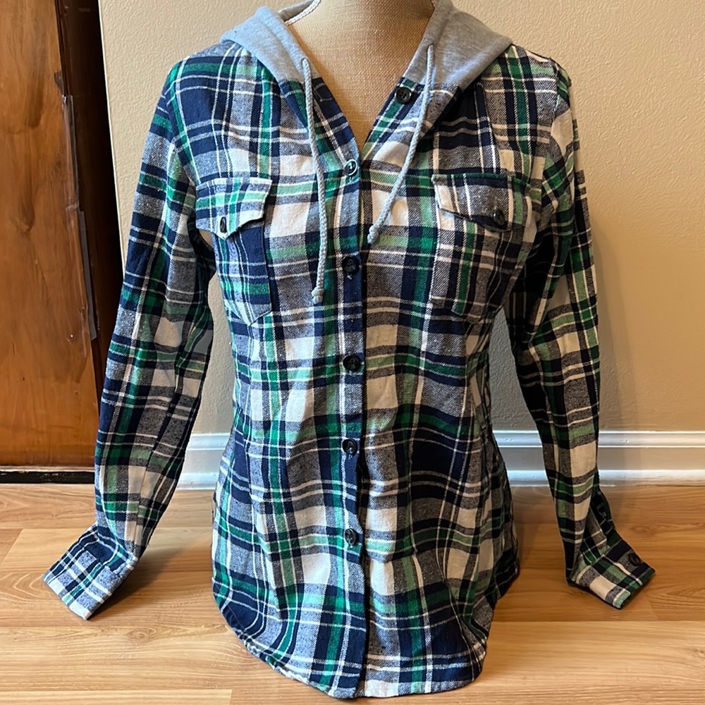 Blue Green Flannel button down Shirt with gray hood M